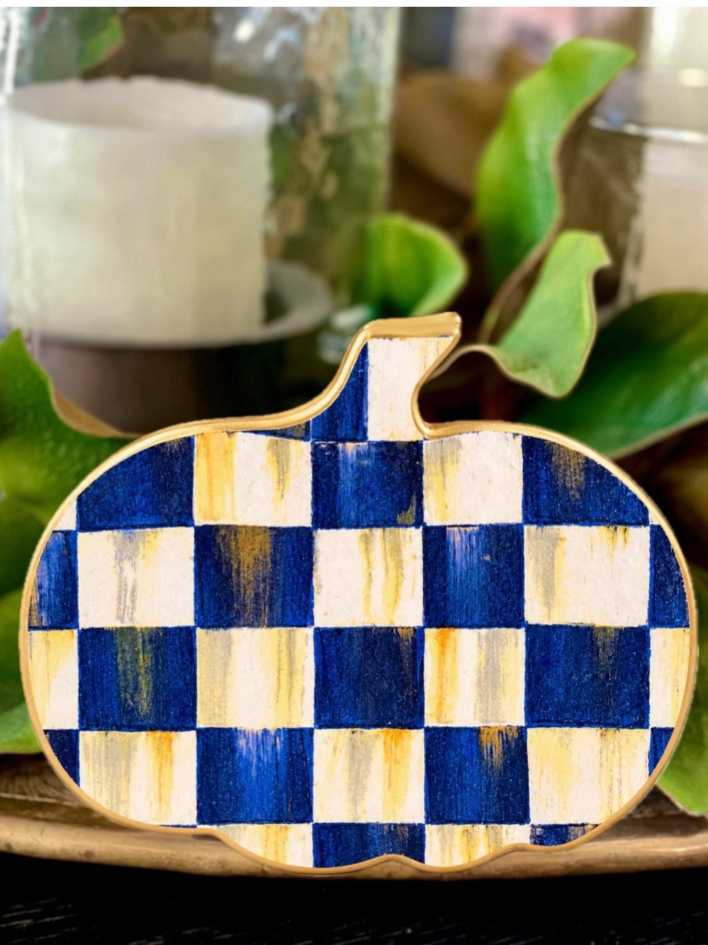 Hand Crafted Royal Check Wood Pumpkin Blue 5”